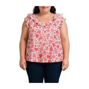 Shein Curve Pink Strawberry Print Ruffled Blouse Snap Buttons Top Plus Size 4XL